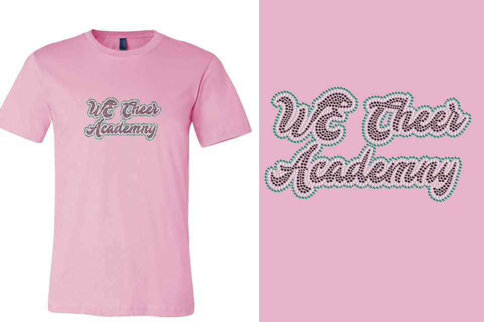 Rhinestones WE Cheer Academy Designer font 3-color stones Unisex t-shirt